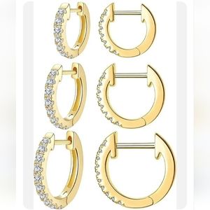 3 Pairs 14k Gold Plated Huggie Hoop Earrings Set With Cubic Zirconia